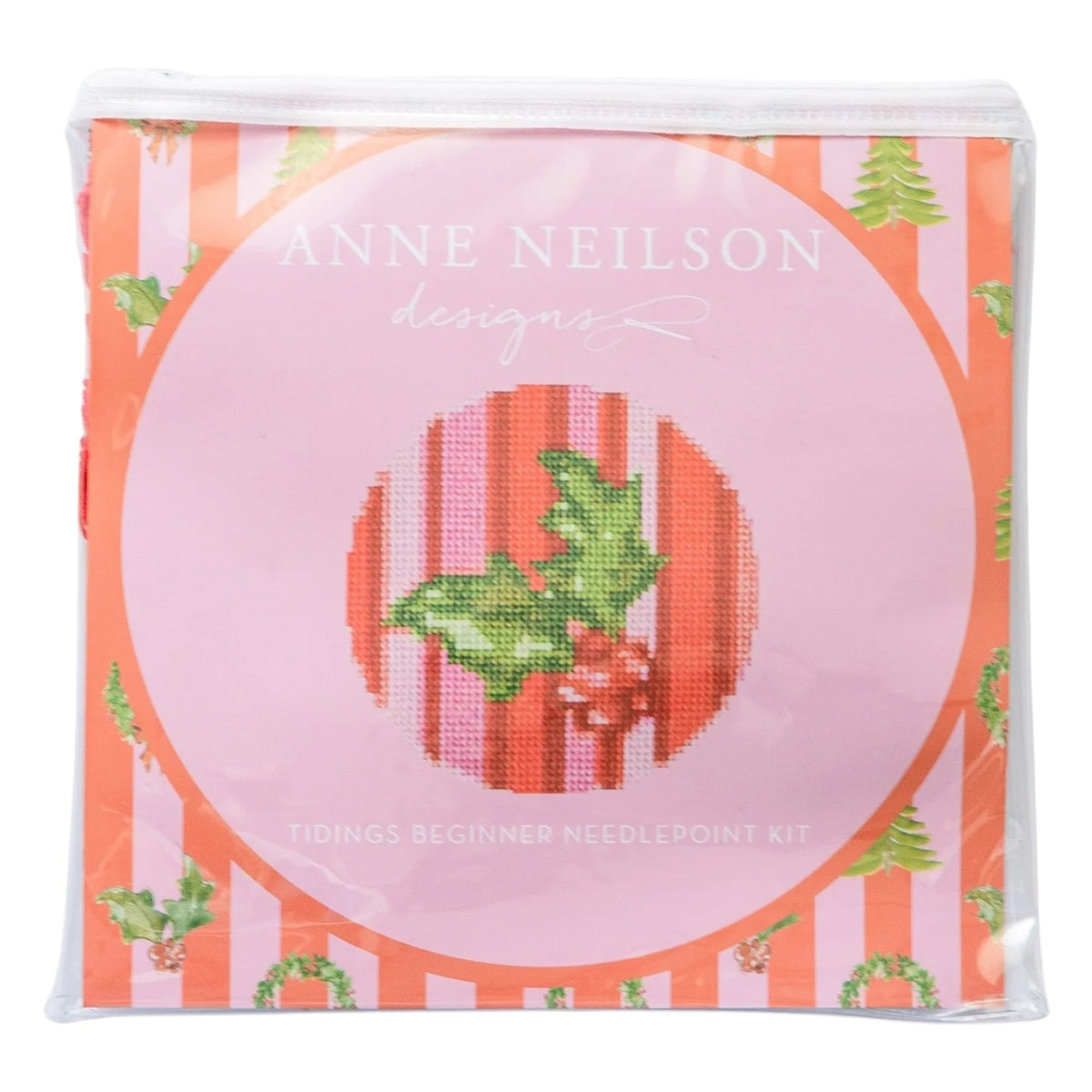 Anne Neilson Needlepoint Kits: Beginner kit with holly and berries on red/pink stripes, stitch-printed canvas, clear case, and tools included.