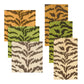 Six rectangular Tigre Collection rugs in orange, green, and beige by Caspari feature bold zebra stripes—perfect with eco-friendly touches like compostable or paper linen napkins.