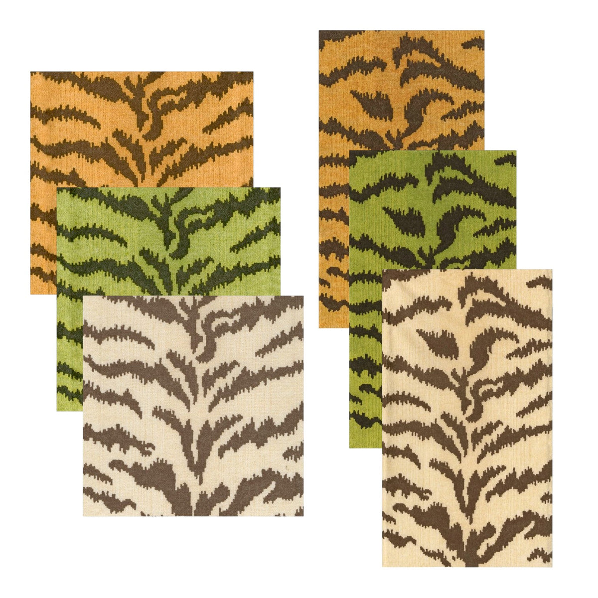 Six rectangular Tigre Collection rugs in orange, green, and beige by Caspari feature bold zebra stripes—perfect with eco-friendly touches like compostable or paper linen napkins.