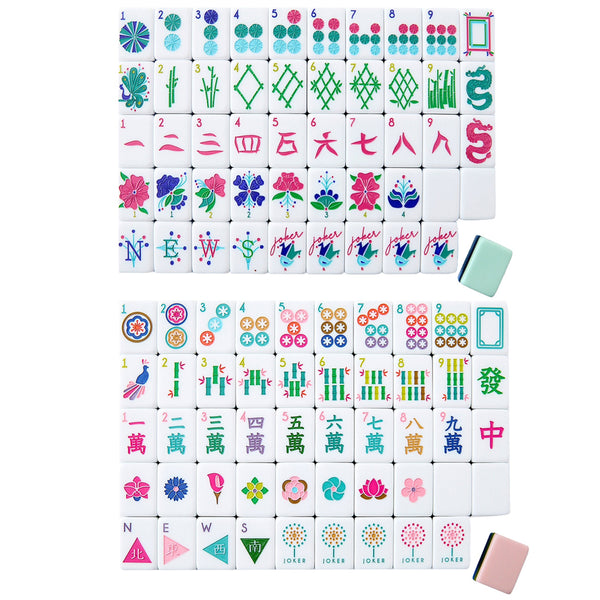 The Oh My Mahjong Tile Collection by Oh My Mahjong features hand-painted tiles arranged in rows with pastel symbols, numbers, and characters like flowers, dragons, and seasonal indicators, adding a unique touch to the traditional gaming experience.