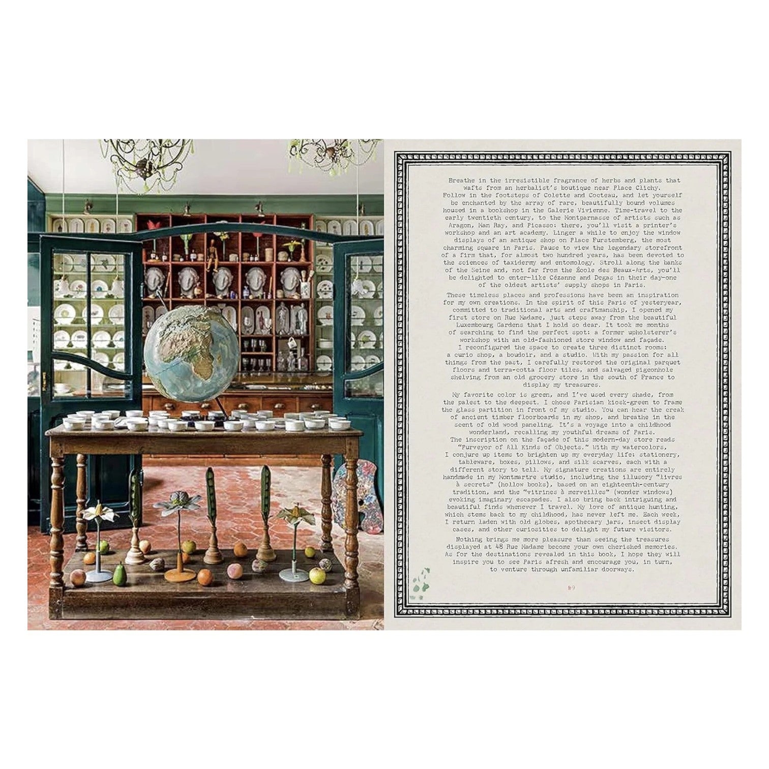 A vintage-style room with shelves of dishes and a large globe sits beside a page of text about bread and wheat; displayed together, these images from Timeless Paris by Penguin Random House are perfect for creative inspiration or evoking the charm of artisan studios in Paris.