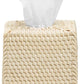 The Dalton Bath Collection by Pigeon & Poodle features a square woven tissue box holder, handmade from rattan with detailed craftsmanship and a white tissue elegantly protruding from the top.