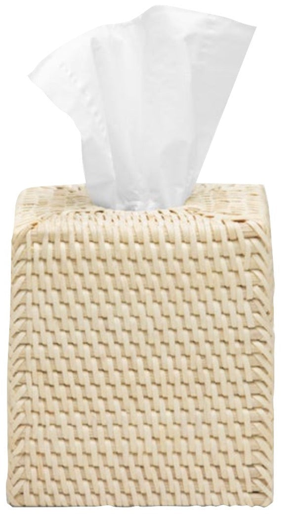 The Dalton Bath Collection by Pigeon & Poodle features a square woven tissue box holder, handmade from rattan with detailed craftsmanship and a white tissue elegantly protruding from the top.