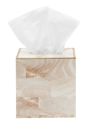 A single tissue protrudes from the Palermo II Tissue Box by Pigeon & Poodle, a square, light wood box with brass trim, shown against a white background.