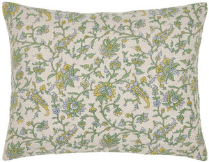 The Tiya Periwinkle King Sham by John Robshaw features a cream cotton slub background with a green, yellow, and light blue floral and vine pattern.