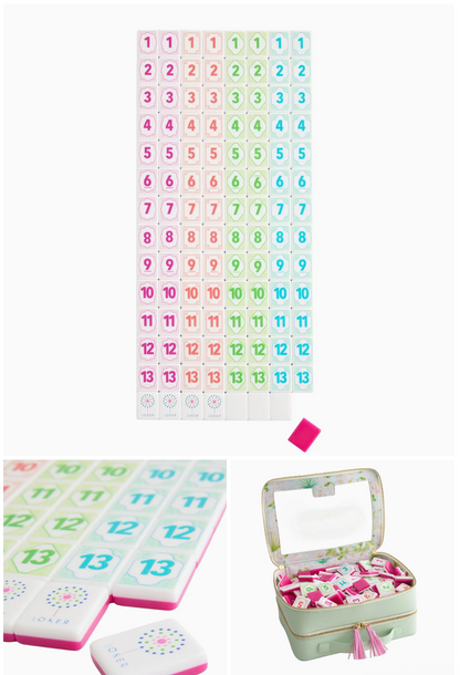 An Oh My Rummi Set in a mint green carrying case, featuring numbered tiles in four colors and joker tiles for family game nights.