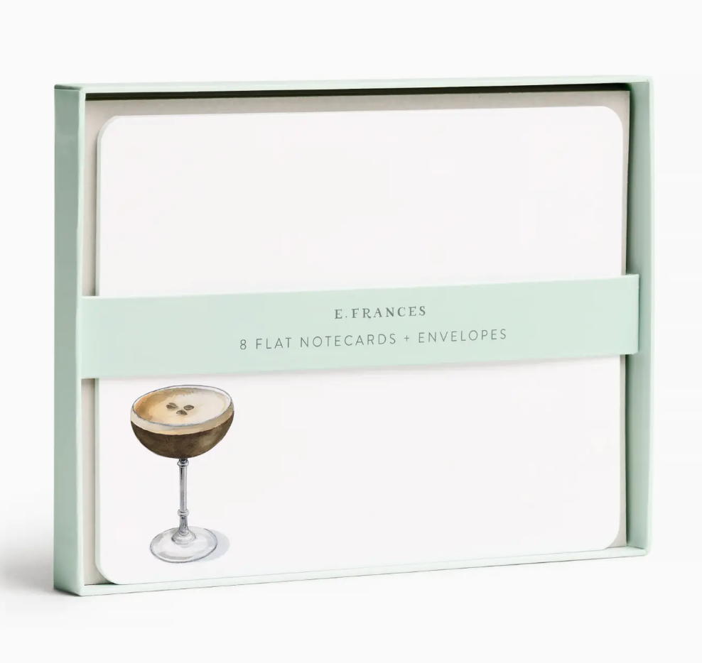 E. Frances Paper Notecard Sets featuring a watercolor illustration of an espresso martini on eight flat note cards with envelopes.