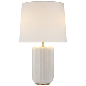 The Minx Large Table Lamp by Visual Comfort features a white ceramic base with mid-century charm, complemented by a beige fabric shade. Perfectly suited for both modern and traditional rooms, it adds a touch of elegance to any space.