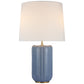 The Visual Comfort Minx Large Table Lamp, featuring mid-century ceramics, boasts a blue ceramic body with a rectangular base and is topped with a white fabric drum shade. Perfect for both modern and traditional rooms.