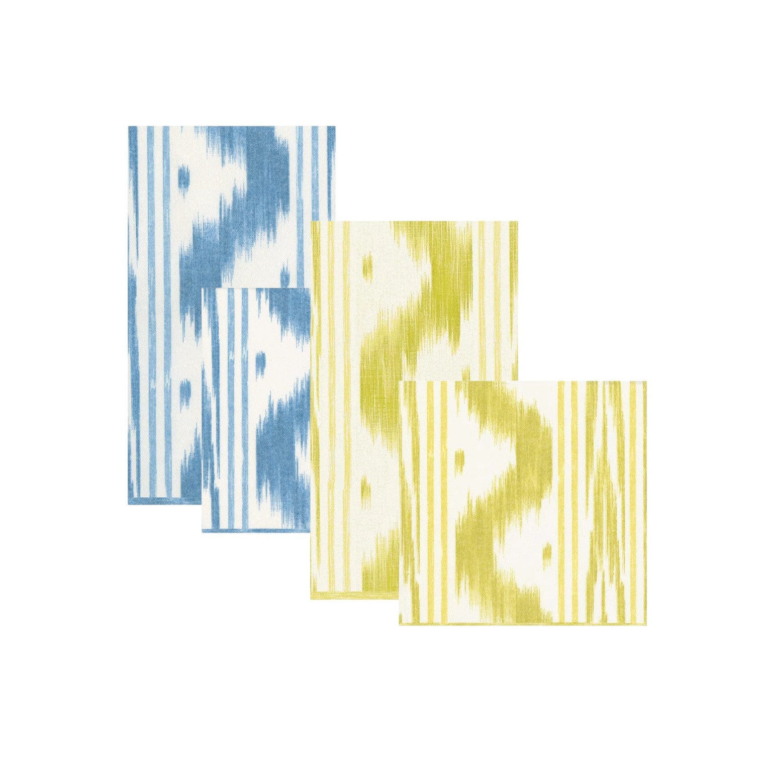 Four paper linen napkins from Caspari’s Toile de Nantes Collection, featuring an abstract vertical striped pattern in blue and yellow tones, are arranged in overlapping pairs on a white background.
