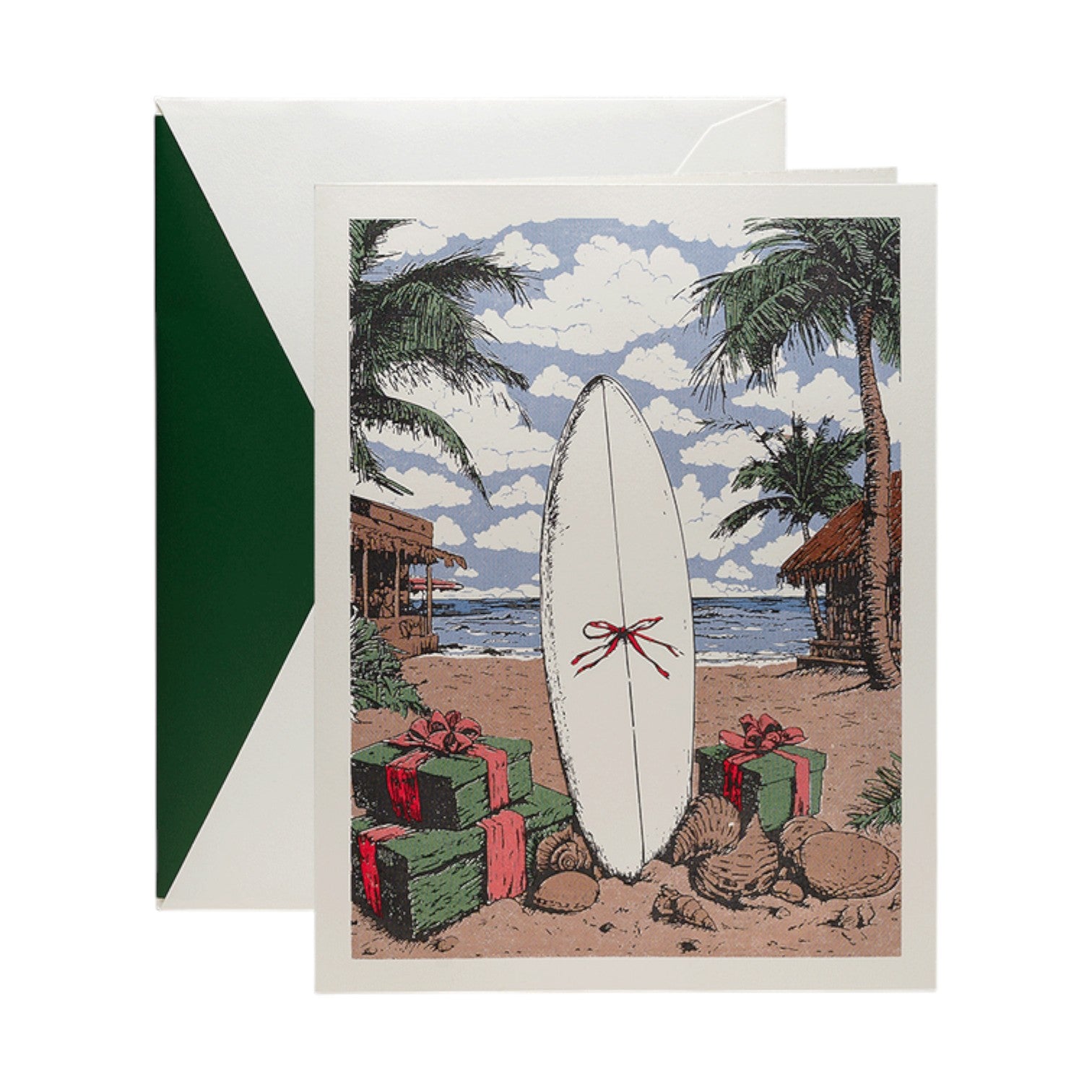 The Engraved Coastal Holiday Card Set by Crane features a surfboard with a red bow among seashells, gifts, palm trees, and beach huts. Includes envelopes with green liners and is printed on Crane's luxurious cotton paper.