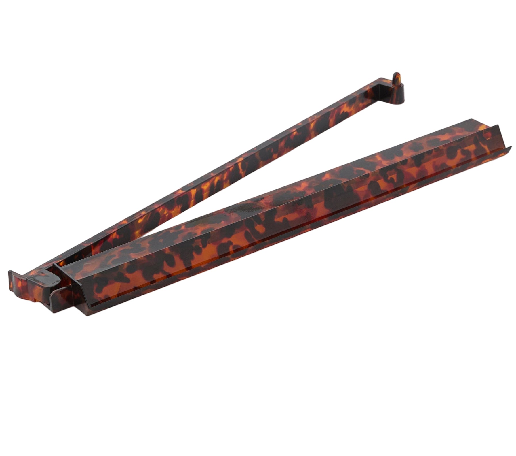 The Oh My Mahjong Acrylic Mahjong Rack and Pusher Set includes a rectangular tortoiseshell-patterned folding case, ideal for storing your American Mahjong racks or acrylic pushers.