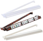 The Oh My Mahjong Acrylic Mahjong Rack and Pusher Set includes three racks—tortoiseshell, white, and clear—each with tile slots in a row. Some racks feature integrated pushers for easy gameplay.