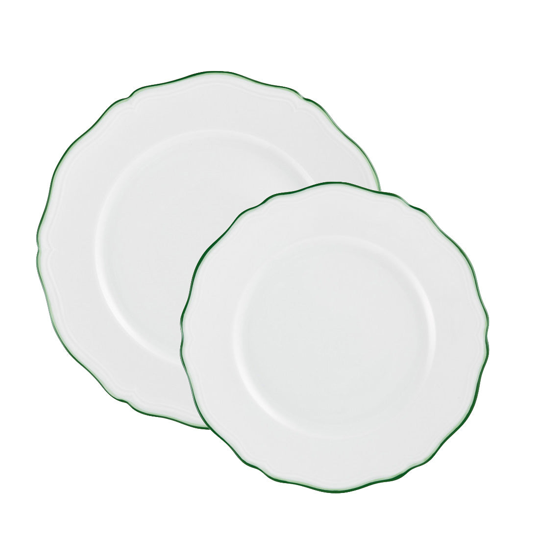 Two white ceramic plates with scalloped edges and a thin green trim from the Raynaud Touraine Green Trim Dinnerware Collection overlap on a plain background, showcasing the brand's delicate porcelain artistry.