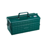 The Toyo Steel Co. Steel Cantilever Toolbox Collection features a green durable steel toolbox with top handle, side latches, and textured exterior, shown closed on a white background for customizable organization.