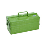 The Steel Cantilever Toolbox from Toyo Steel Co. is a rectangular green steel organizer with a top handle and two side latches, designed for customizable storage, shown against a white background.