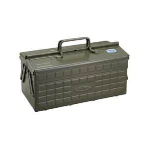 The Toyo Steel Co. Steel Cantilever Toolbox Collection showcases a robust steel rectangular toolbox with a top handle, hinged lid, and side latches for secure, customizable storage—displayed against a white background.