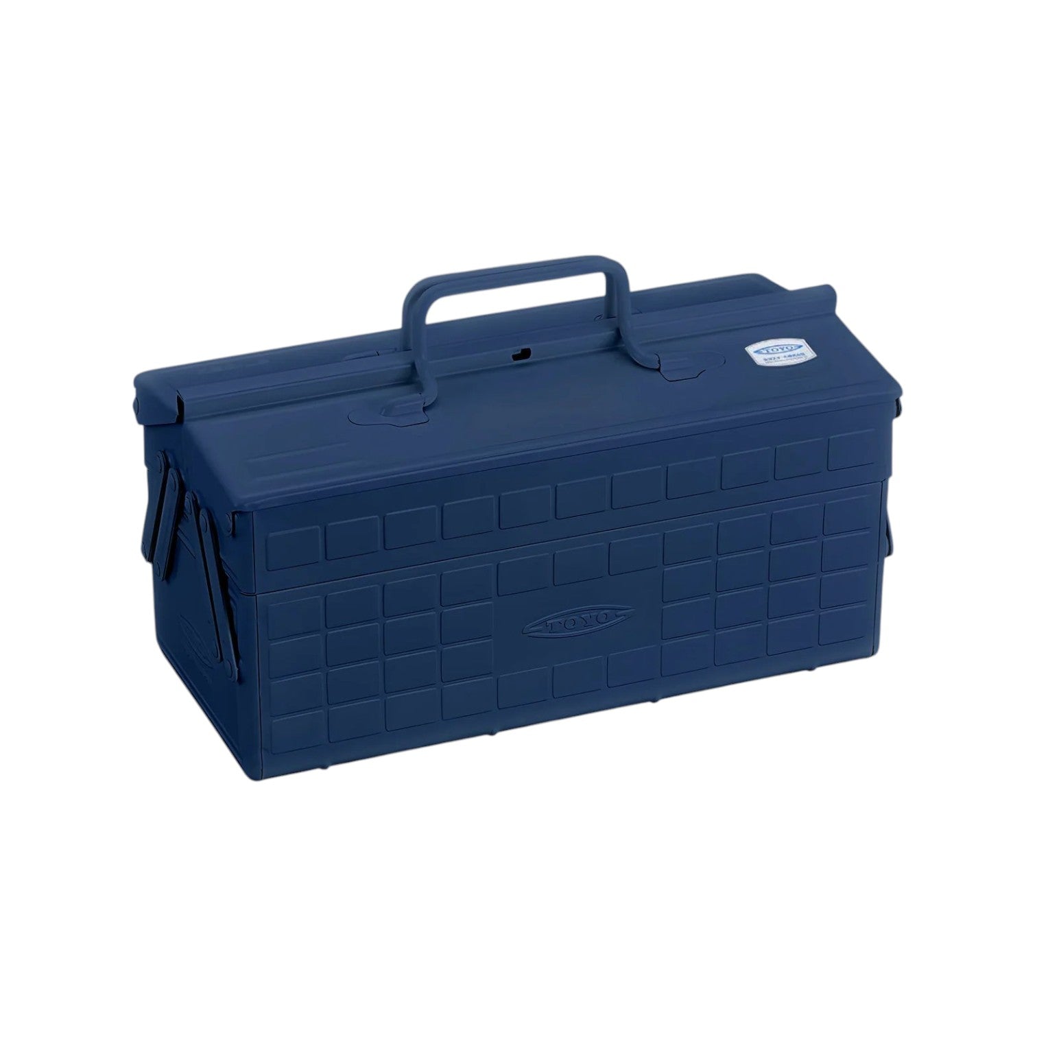 The Toyo Steel Co. Steel Cantilever Toolbox Collection features a closed blue plastic toolbox with a top handle and textured sides for customizable tool organization.