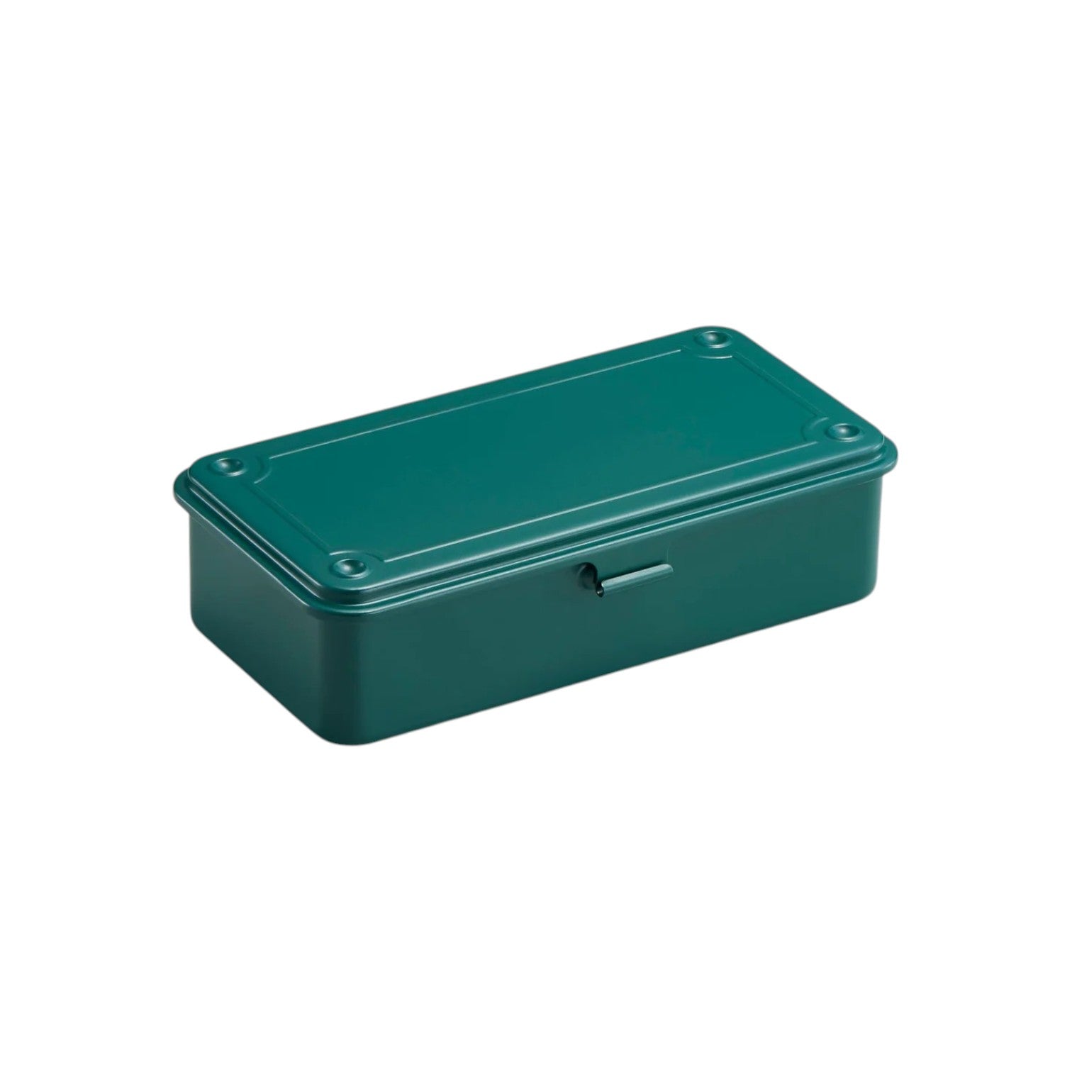 The Toyo Steel Co. Steel Stackable Storage Box is a green rectangular metal toolbox with a fitted lid and front latch—perfect for organizing tools.