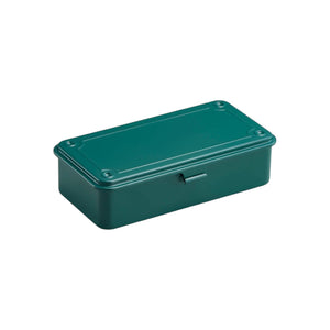 The Toyo Steel Co. Steel Stackable Storage Box is a green rectangular metal toolbox with a fitted lid and front latch—perfect for organizing tools.