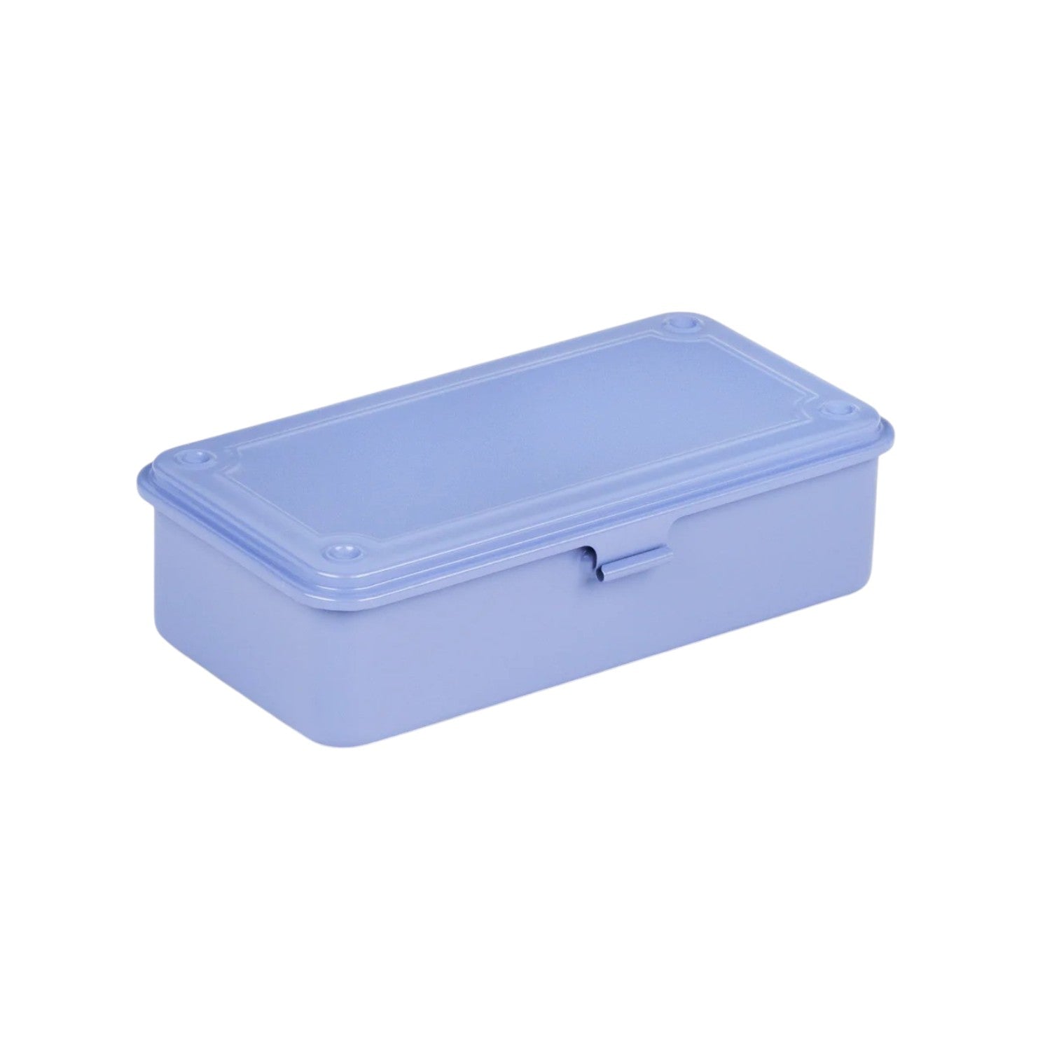 A rectangular, light purple Steel Stackable Storage Box by Toyo Steel Co., shown closed with a hinged lid against a white background—compact and ideal for organizing tools.