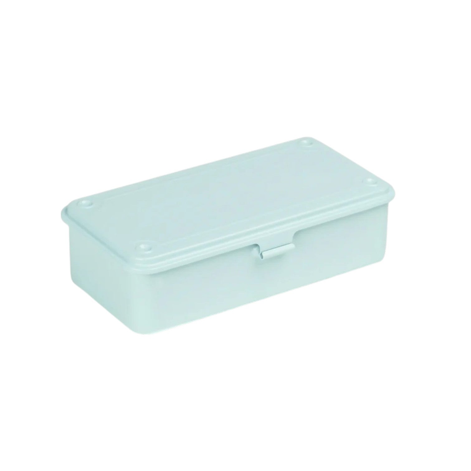 The Toyo Steel Co. Steel Stackable Storage Box—a rectangular, light blue storage box with a hinged lid—offers a durable and stylish organizational solution for tools, shown here against a white background.