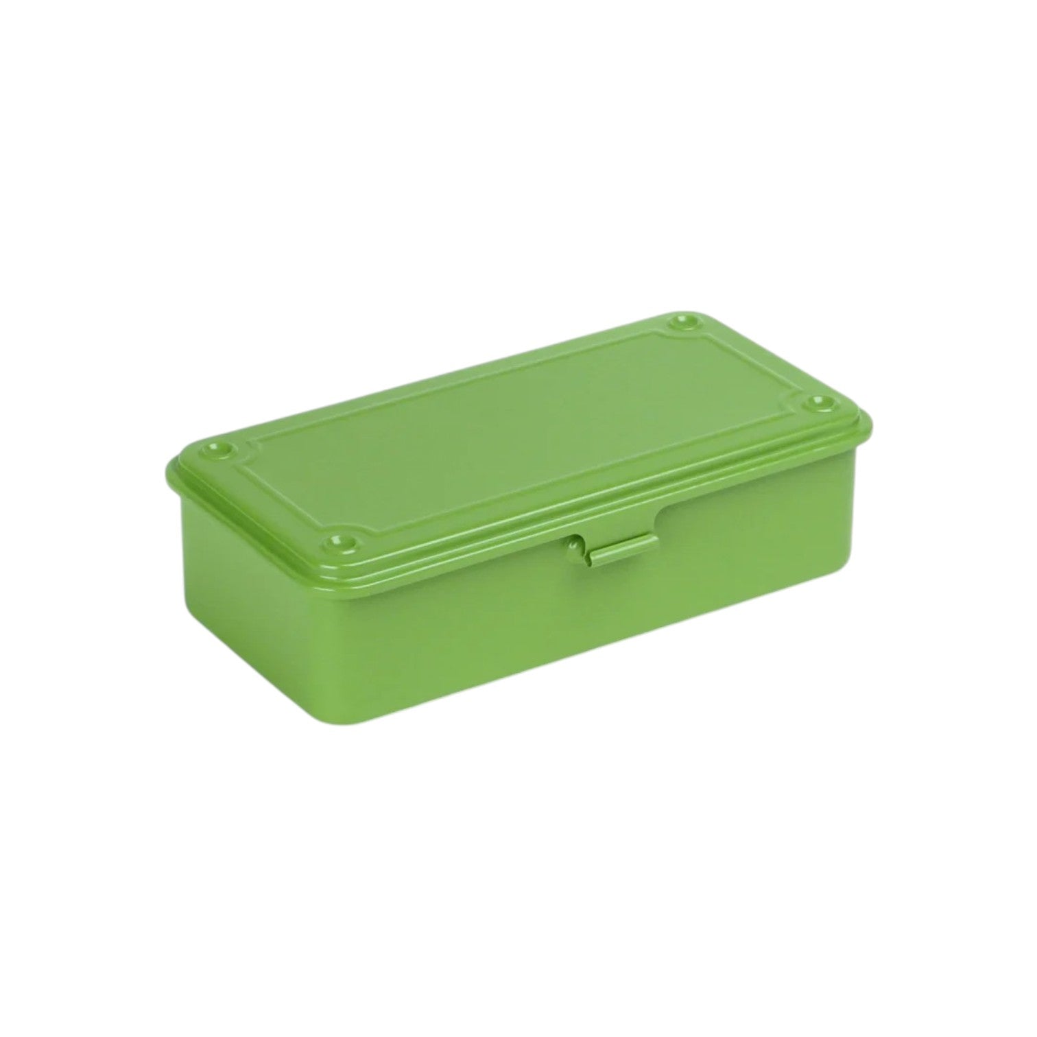 A rectangular green steel box with a hinged lid from Toyo Steel Co., the Steel Stackable Storage Box is perfect for organizing tools or as a compact storage solution—shown at an angle on a white background.