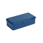 A rectangular blue Steel Stackable Storage Box by Toyo Steel Co., featuring a latched lid, is shown at an angle—perfect for organizing tools.