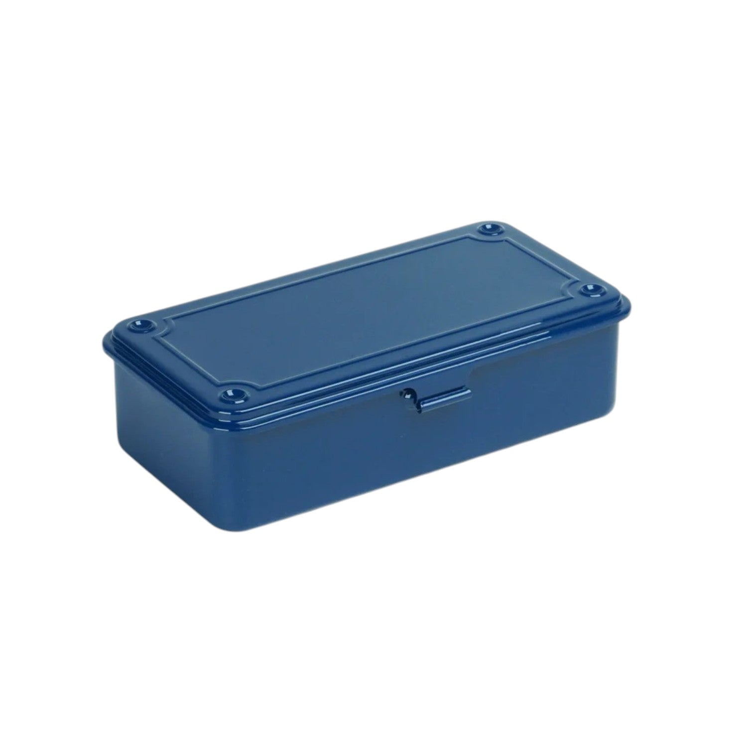 A rectangular blue Steel Stackable Storage Box by Toyo Steel Co., featuring a latched lid, is shown at an angle—perfect for organizing tools.