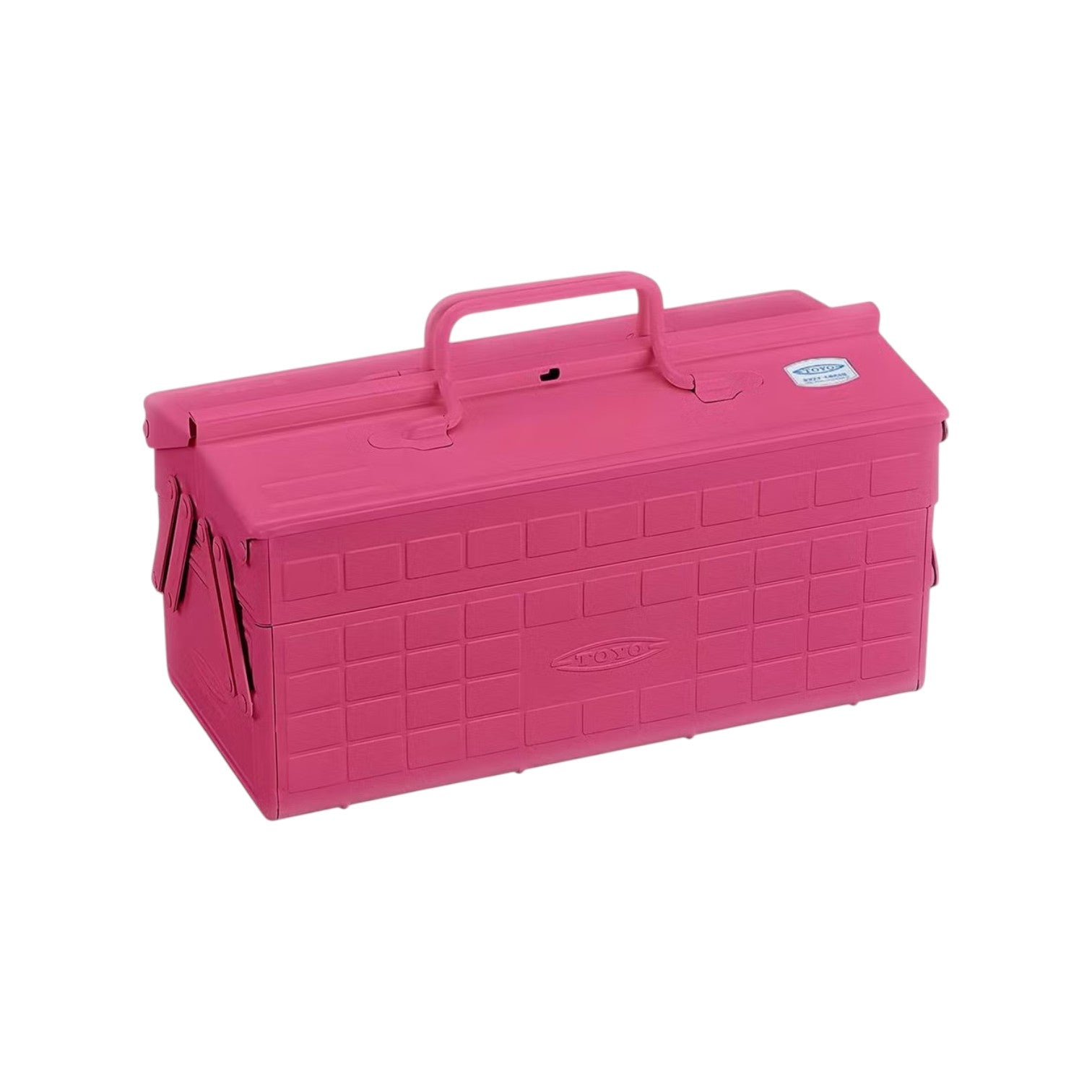 The Toyo Steel Co. Steel Cantilever Toolbox Collection features a rectangular pink toolbox with a top handle, customizable storage, and grid-patterned sides.