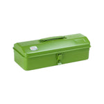 The Toyo Steel Co. Steel Toolbox Collection features a green Y-350 toolbox with a top handle and front latch, shown closed on a white background, providing durable storage in a compact design.