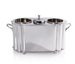 The Zodax Alsace Brass Two Bottle Wine Cooler in polished nickel features dual cylindrical compartments, a central lidded section, and side handles for stylish and functional wine chilling.