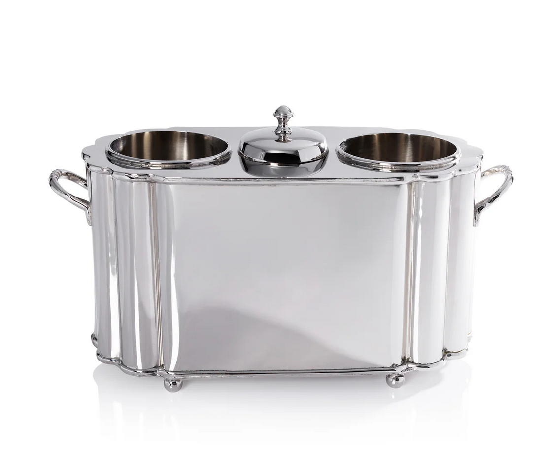 The Zodax Alsace Brass Two Bottle Wine Cooler in polished nickel features dual cylindrical compartments, a central lidded section, and side handles for stylish and functional wine chilling.