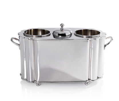 The Zodax Alsace Brass Two Bottle Wine Cooler in polished nickel features dual cylindrical compartments, a central lidded section, and side handles for stylish and functional wine chilling.