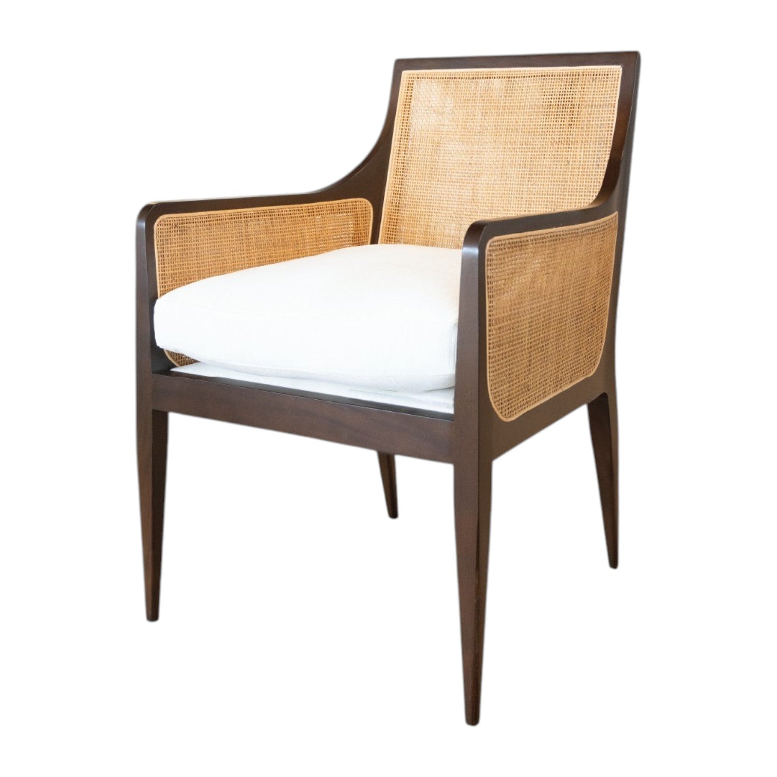 The Wallace Chair by Hickory Chair features a wooden frame in dark brown beech, complemented by cane back and sides and a crisp white seat cushion. Photographed against a plain white background, this modern cane chair brings timeless elegance to any space.