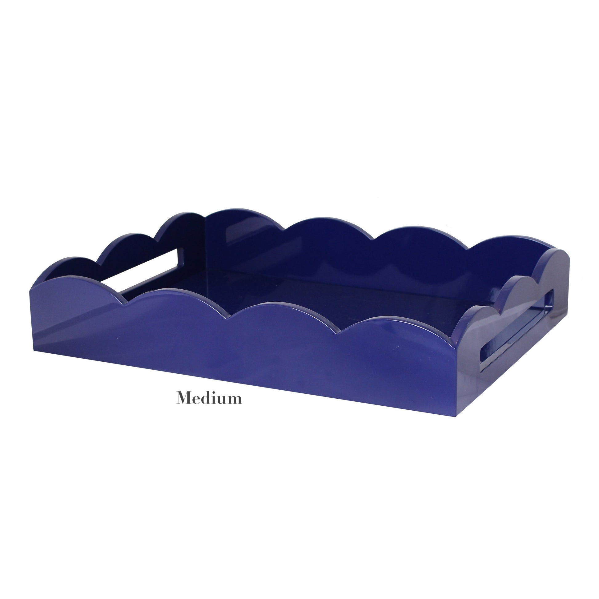 The Addison Ross Scalloped Navy Lacquer Tray Collection features medium, rectangular trays with scalloped edges, cut-out side handles, and the Addison Ross logo.