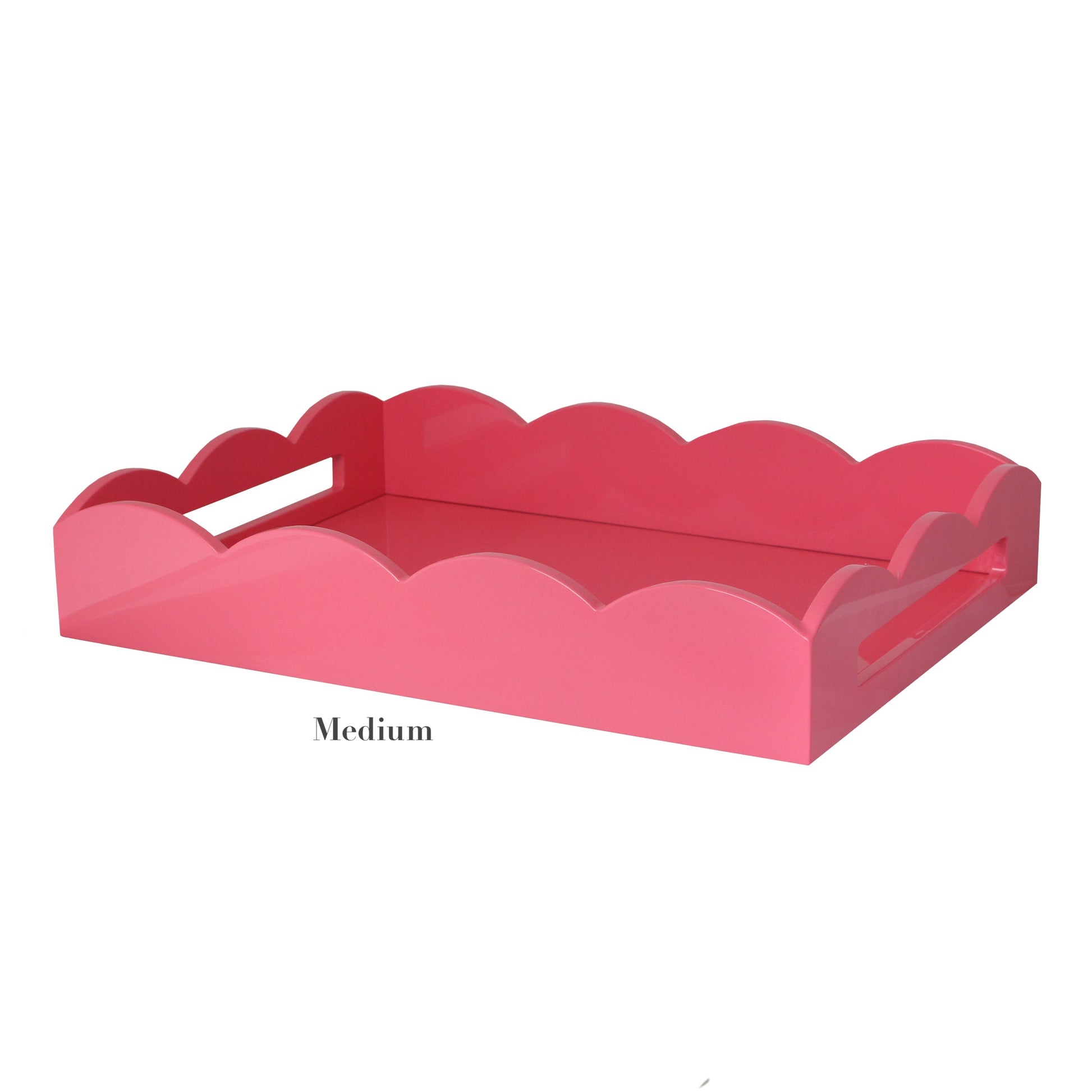 Addison Ross Scalloped Watermelon Pink Lacquer Tray: a medium, rectangular tray with scalloped edges and cutout handles—ideal for serving breakfast in bed in glossy style.