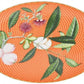 Oval plate from Raynaud's Tresor Fleuri Orange Dinnerware Collection, hand-painted with an orange lattice pattern, green leaves, white and pink fruits, and purple flowers at the center.