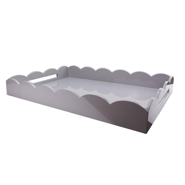 The Addison Ross Scalloped Chiffon Lacquer Tray from the Addison Ross Collection is a glossy white rectangular tray with scalloped edges and two cut-out handles on the shorter sides, ideal for serving drinks in style.