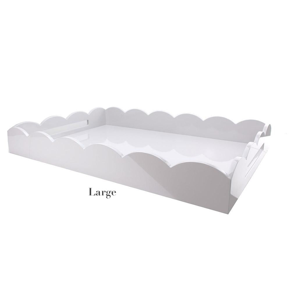 The Scalloped White Lacquer Tray Collection by Addison Ross features a large white tray with a scalloped edge and high gloss lacquer finish, shown on a plain background.