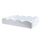 The Addison Ross Scalloped White Lacquer Tray Collection features rectangular trays with a high gloss finish, scalloped edges, and cut-out side handles, shown here against a plain white background.