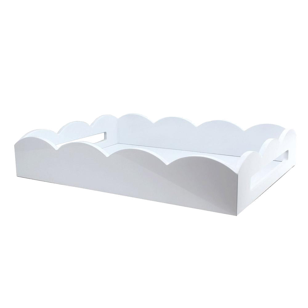 The Addison Ross Scalloped White Lacquer Tray Collection features rectangular trays with a high gloss finish, scalloped edges, and cut-out side handles, shown here against a plain white background.