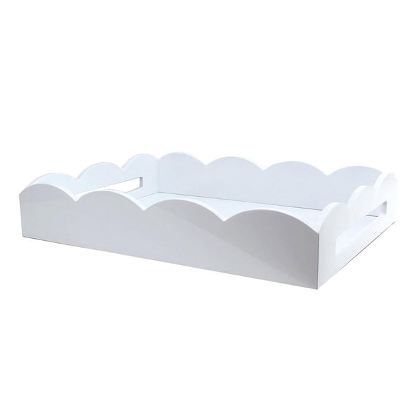 The Addison Ross Scalloped White Lacquer Tray Collection features a stylish white lacquer tray with scalloped edges and side handles, perfect for serving drinks in style.