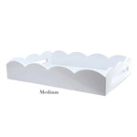 Addison Ross Scalloped White Lacquer Tray, labeled "Medium," features handles on either side, ideal for serving drinks, and is displayed on a plain background.