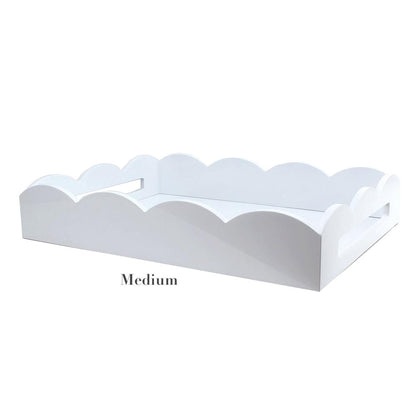 Addison Ross Scalloped White Lacquer Tray, labeled "Medium," features handles on either side, ideal for serving drinks, and is displayed on a plain background.