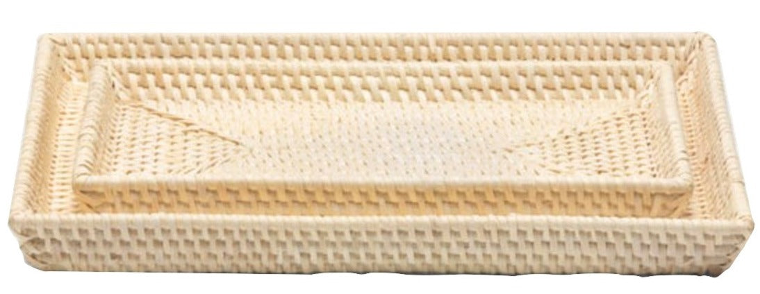 From the Dalton Bath Collection by Pigeon & Poodle, two rectangular rattan trays with detailed, handmade craftsmanship are shown nested together on a white background.