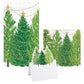 The Caspari Christmas Trees with Lights Collection features triple-ply cocktail napkins and a matching place card, all decorated with three festive trees, and printed with nontoxic dyes.