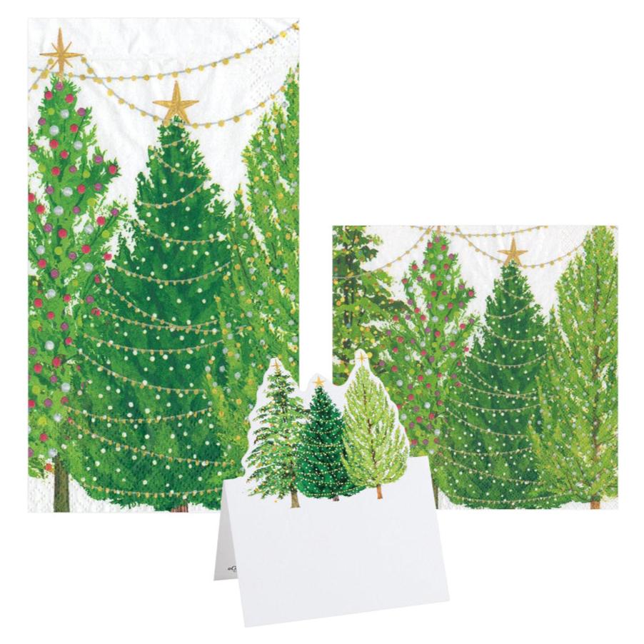 The Caspari Christmas Trees with Lights Collection features triple-ply cocktail napkins and a matching place card, all decorated with three festive trees, and printed with nontoxic dyes.