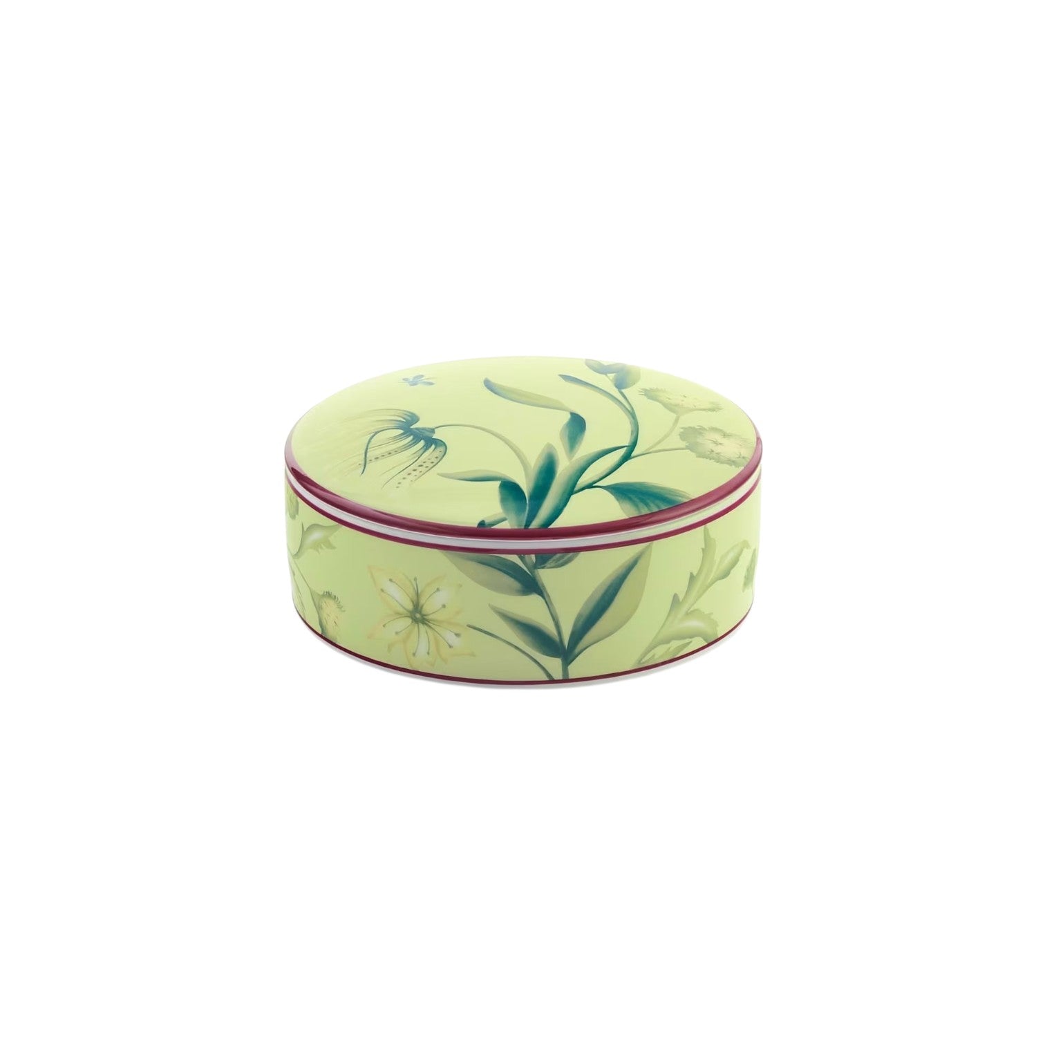 Round, light yellow tin box with a pink rim, featuring floral patterns—an enchanting piece inspired by Italian porcelain from Ginori 1735’s Florenza Impero Dinnerware Collection.