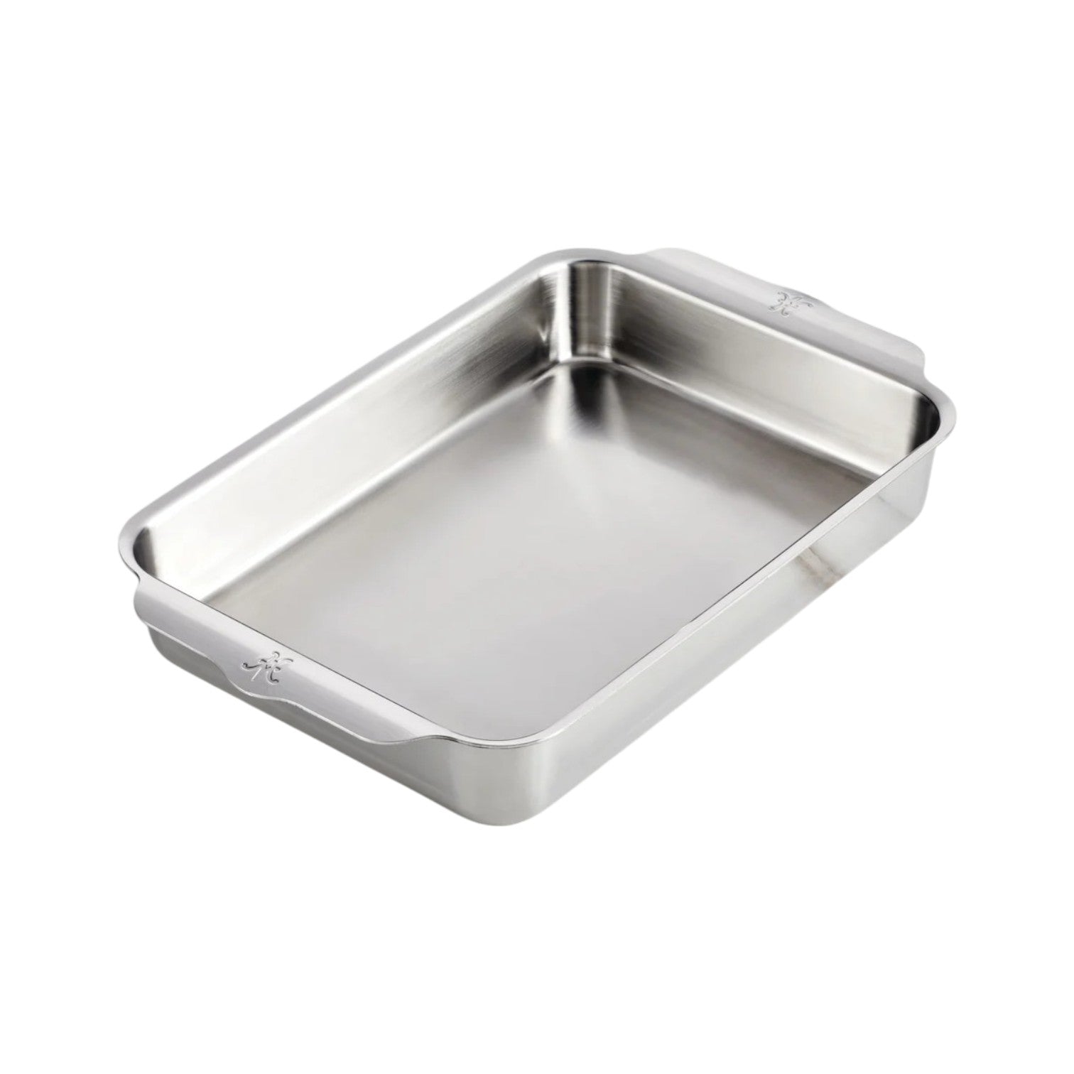 The Hestan Provisions OvenBond Tri-ply Rectangular Baker features stainless steel construction, rounded edges, and dual side handles—ideal for family casseroles or holiday meals—shown on a white background.